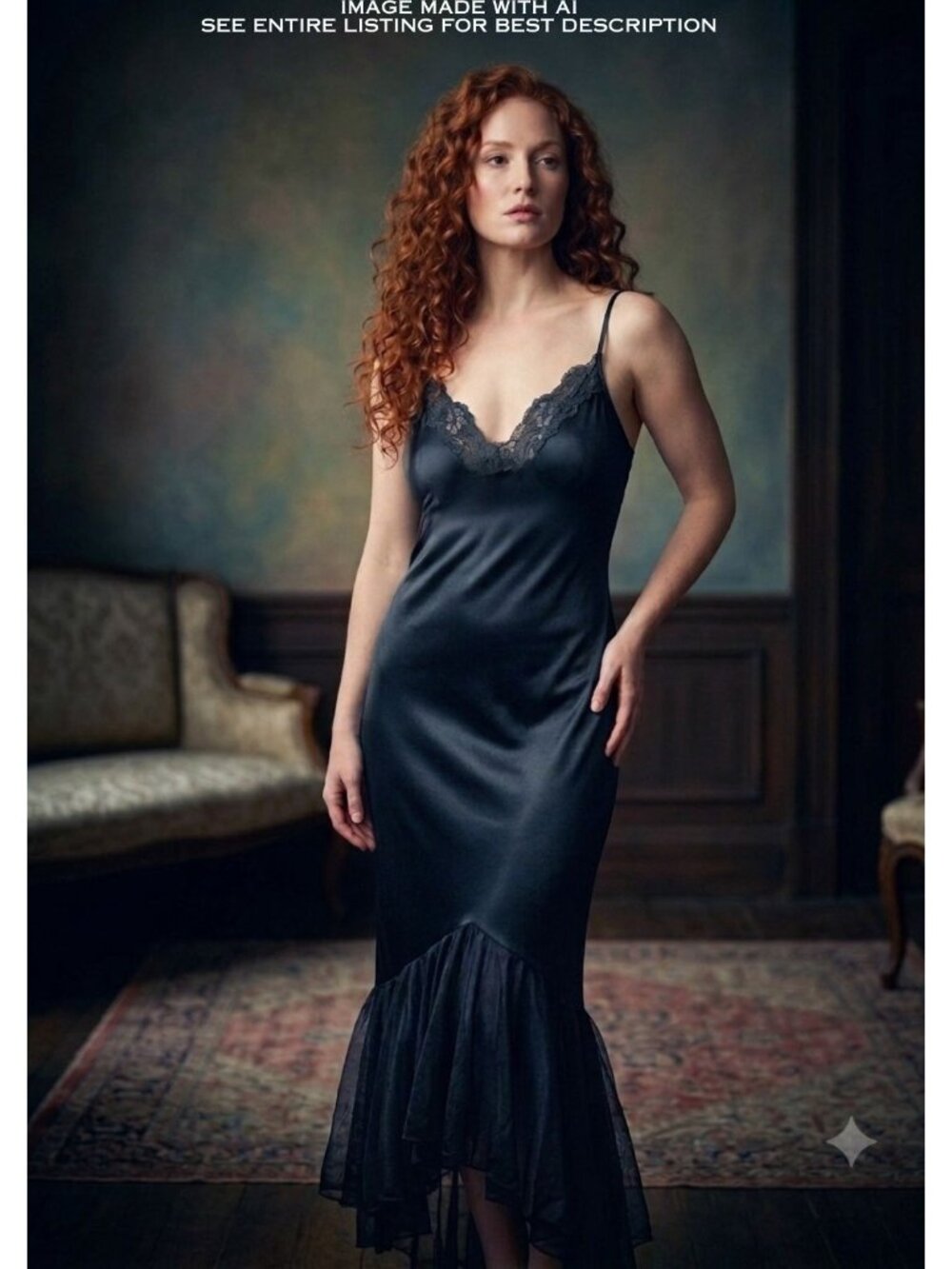 Pollinaise Midi Slip Dress M Asymmetric Ruffle Plunge Mermaid Old Hollywood